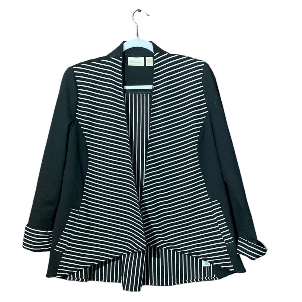Chico’s Black White Striped Drape Blazer W/ Zipper Detail In Back Women's Small